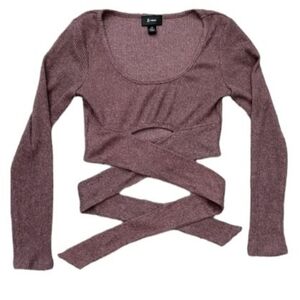 BWear Top Womens Size L Wrap Ribbed Longsleeve Purple Crop Shirt Tie Chinch Wrap